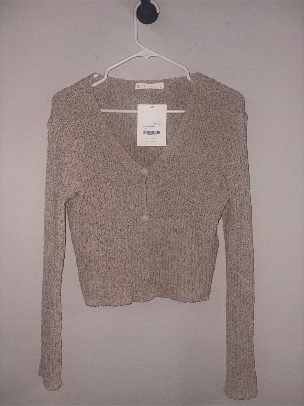 OAK + FORT Taupe Ribbed Cropped V-Neck Cardigan